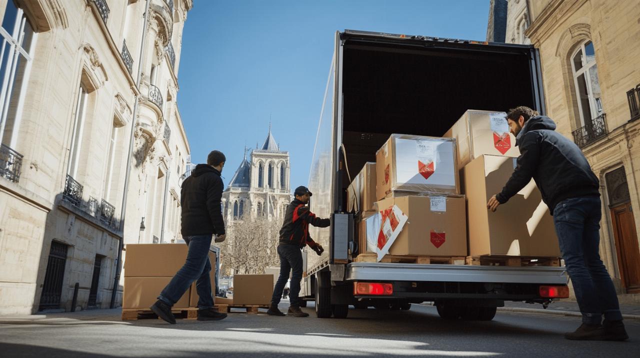 Équipe chargeant des cartons dans un camion de déménagement